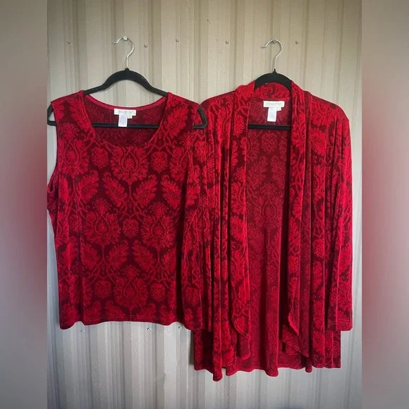 Coldwater Creek Set Cardigan Jacket & Tank Red Slinky Knit Travel Elegant EUC 1X - Picture 2 of 10